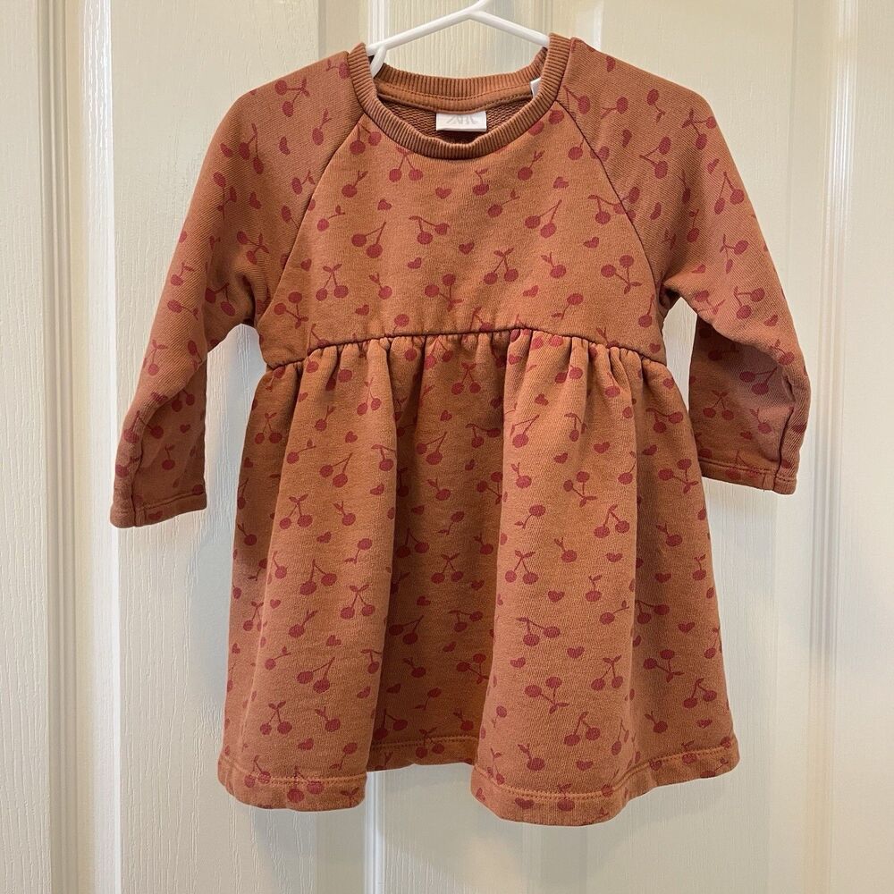 Zara Girls Cherry Print Sweatshirt Dress Burnt Orange Size 2-3 years
